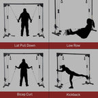 Cable crossover power rack with multiple exercise setups: lat pull down, low row, curl, kickback