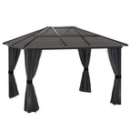 Black hardtop gazebo with polycarbonate roof and hanging curtain panels