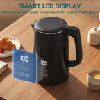 Black electric kettle with smart LED display showing 100°C
