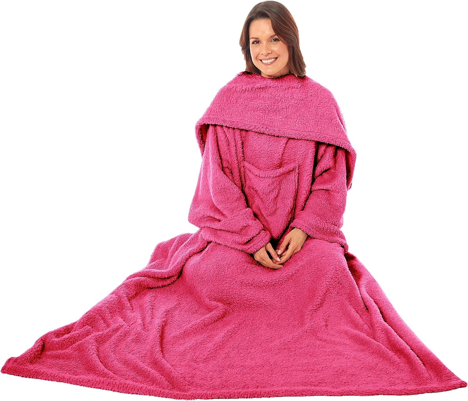 Ultra Soft Cozy Fleece Wearable TV Blanket with Sleeves and Pocket Throw for Lounging and Reading for Women and Men 140x183cm Multiple Colors