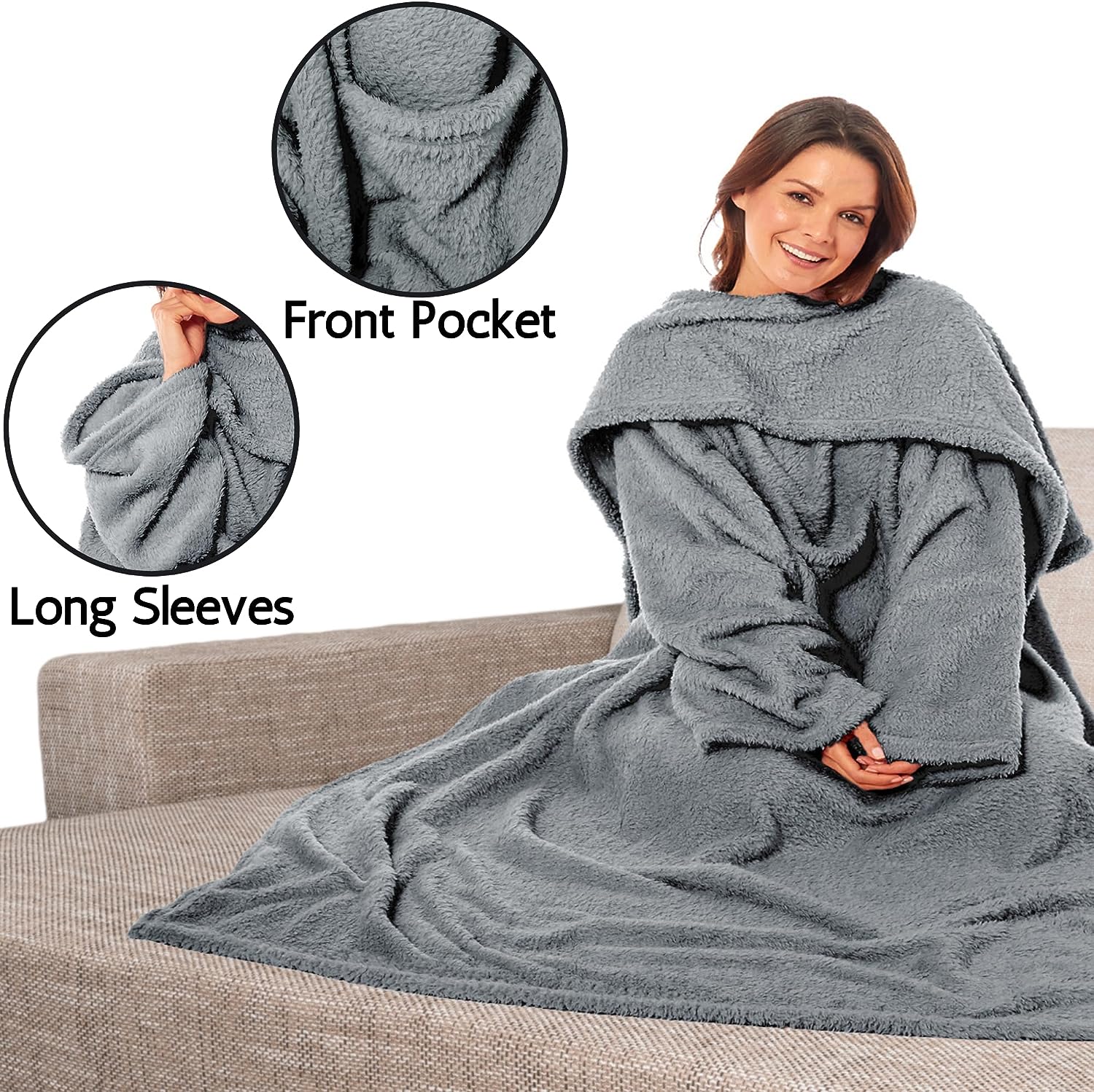 Ultra Soft Cozy Fleece Wearable TV Blanket with Sleeves and Pocket Throw for Lounging and Reading for Women and Men 140x183cm Multiple Colors