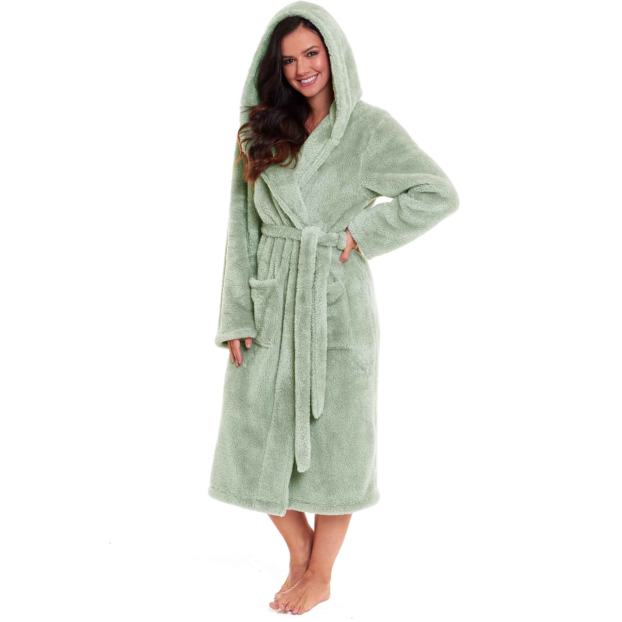 Women's Sage Green Snuggle Fleece Touch Hooded Robe Luxurious Soft Loungewear Cosy Durable Dressing Gown UK Sizes 8-22