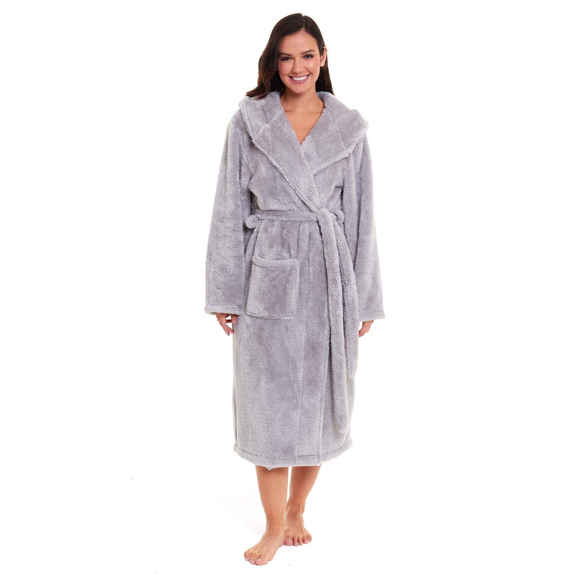 Women's Snuggle Fleece Touch Hooded Robe Luxurious Soft Loungewear Cosy Durable Dressing Gown UK Sizes 8-22 Green Grey Pink Green