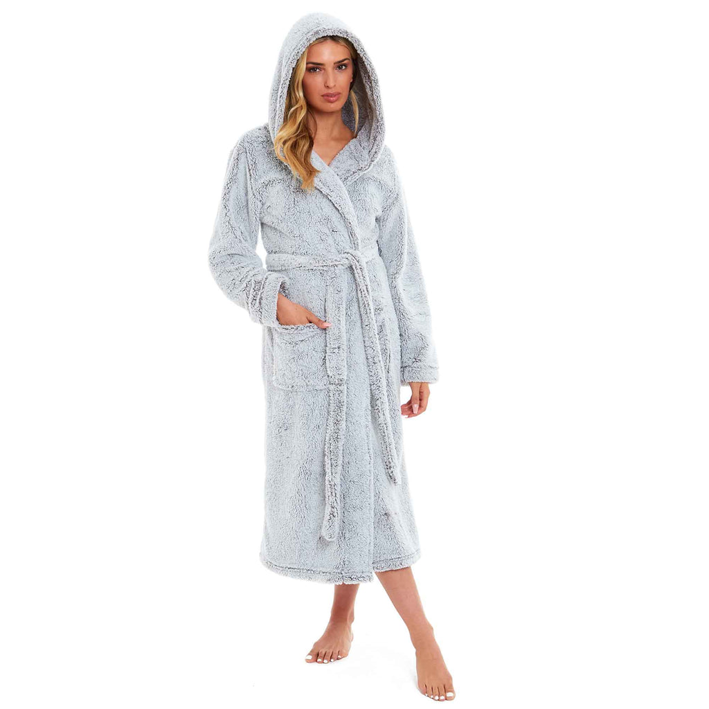 Women's Snuggle Fleece Touch Hooded Robe Luxurious Soft Loungewear Cosy Durable Dressing Gown UK Sizes 8-22 Green Grey Pink Green