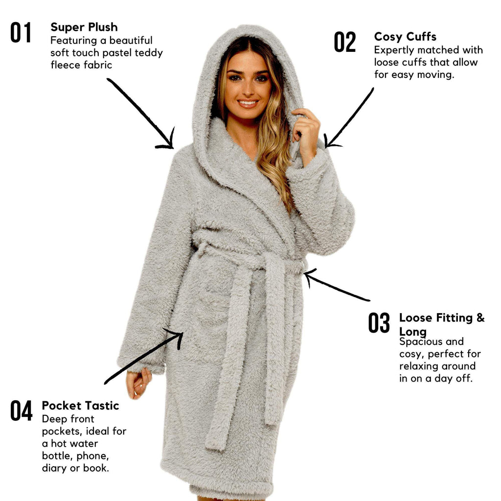 Ultra-Soft Women's Grey Hooded Teddy Fleece Bath Robe Perfect for Lounging and Post-Shower Comfort Available in Sizes Small to X Large