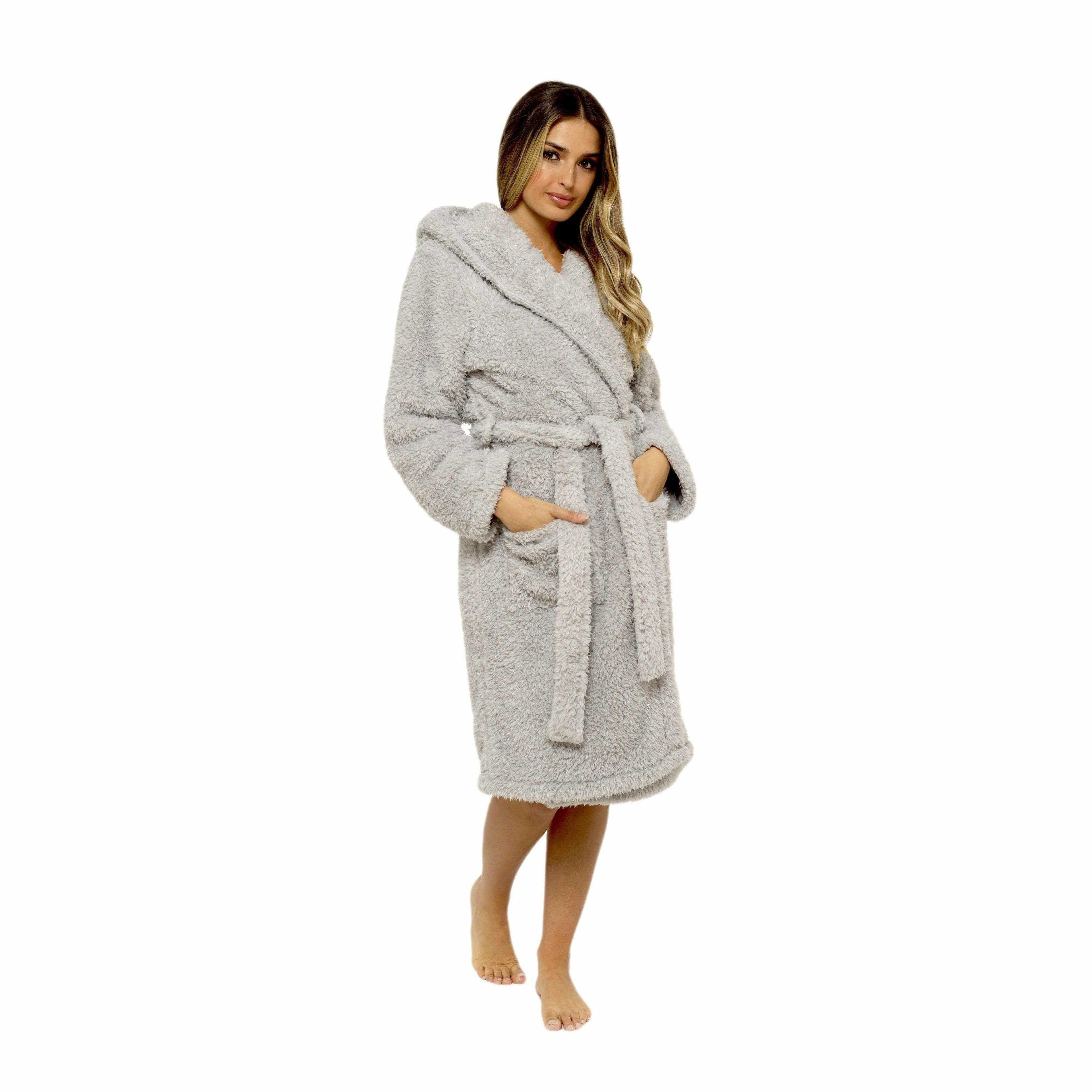 Ultra-Soft Women's Grey Hooded Teddy Fleece Bath Robe Perfect for Lounging and Post-Shower Comfort Available in Sizes Small to X Large