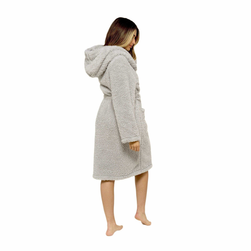 Ultra-Soft Women's Grey Hooded Teddy Fleece Bath Robe Perfect for Lounging and Post-Shower Comfort Available in Sizes Small to X Large