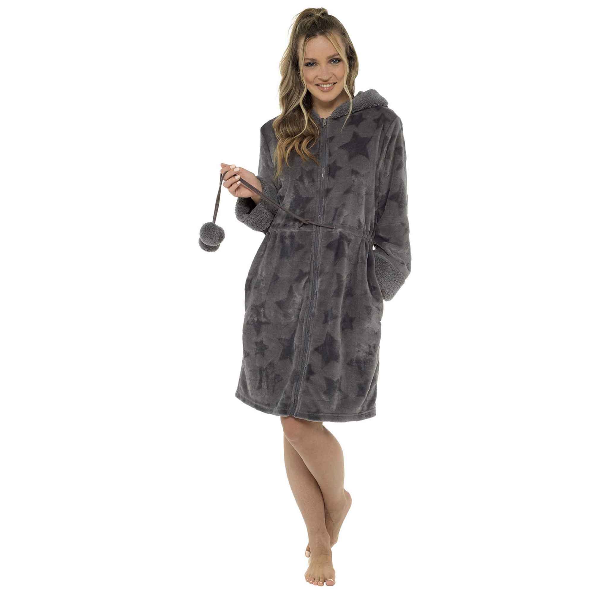 Ultra-Soft Women's Hooded Fleece Bathrobe with Zip Closure Warm Plush Dressing Gown for Home Spa Gym Multiple Colors and Sizes Cozy Loungewear