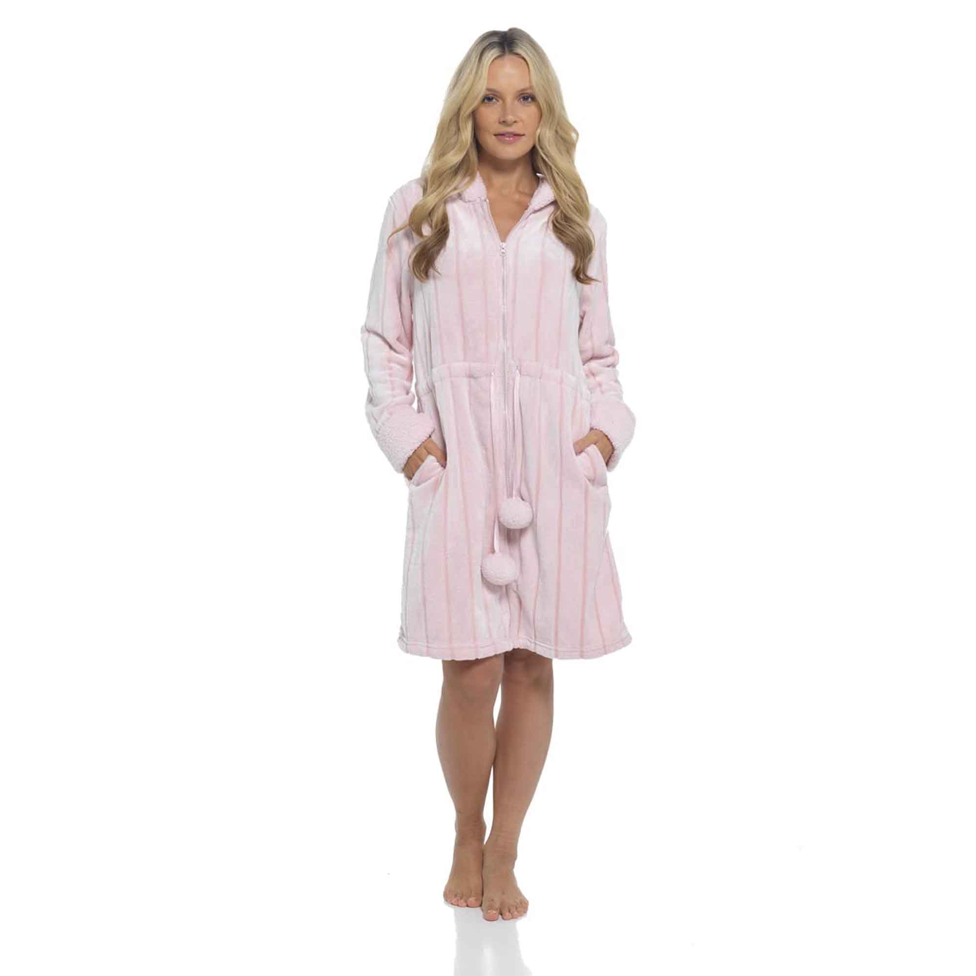Ultra-Soft Women's Hooded Fleece Bathrobe with Zip Closure Warm Plush Dressing Gown for Home Spa Gym Multiple Colors and Sizes Cozy Loungewear