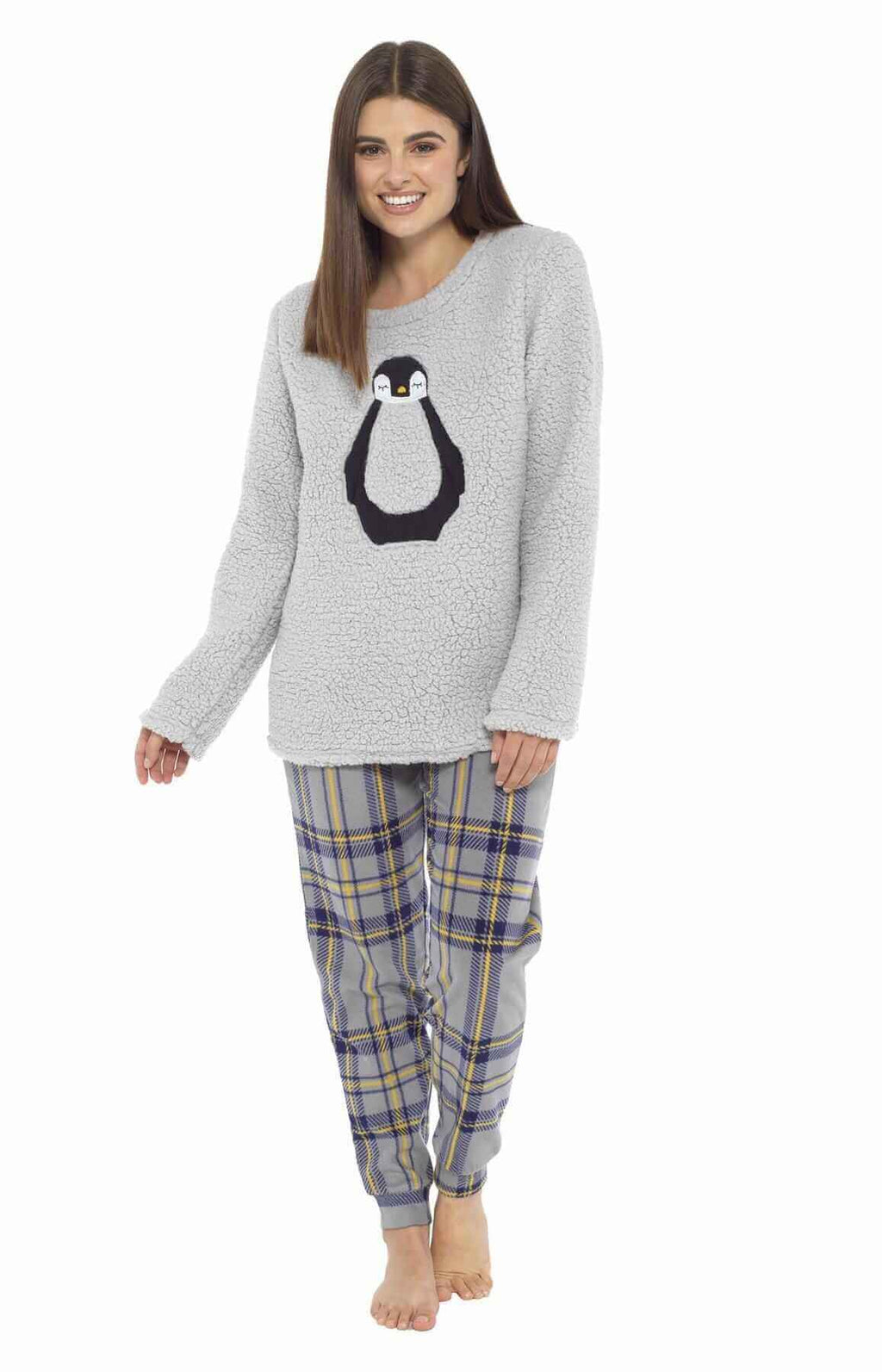 Ultra Soft Women's Teddy Fleece Pyjama Set Cozy Penguin Design Super Warm Sleepwear with Elasticated Waistband for Cold Nights