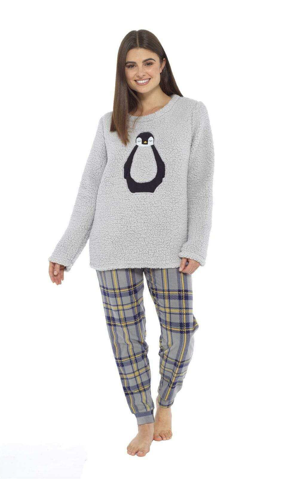 Ultra Soft Women's Teddy Fleece Pyjama Set Cozy Penguin Design Super Warm Sleepwear with Elasticated Waistband for Cold Nights