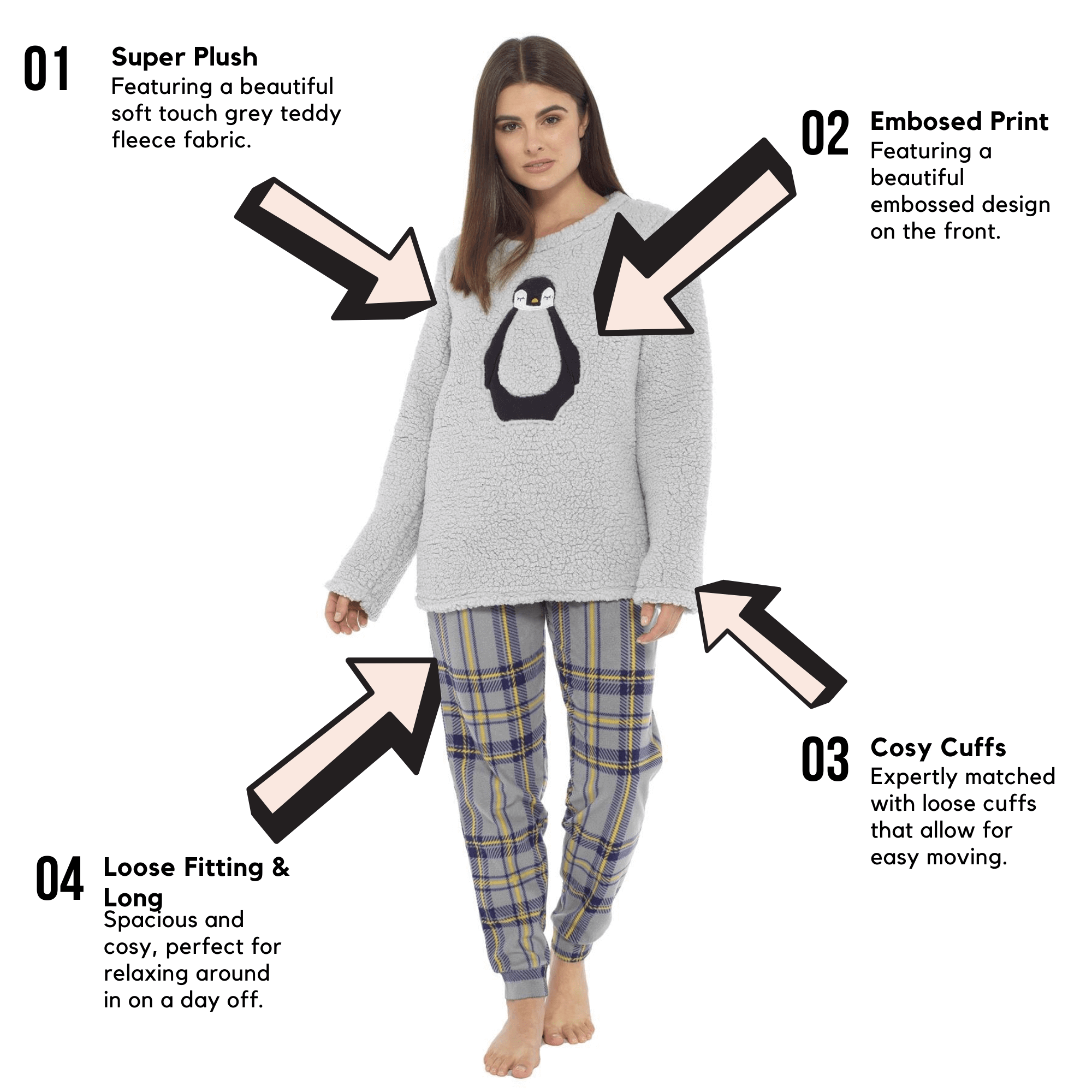 Ultra Soft Women's Teddy Fleece Pyjama Set Cozy Penguin Design Super Warm Sleepwear with Elasticated Waistband for Cold Nights