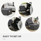 Charcoal grey folding sleeper chair bed shown during setup from chair to bed