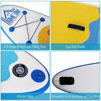 SUP board details: D-shape buckles, easy grip handle, inflation valve, removable fin
