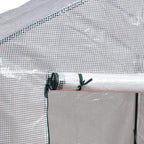 Close-up of roll-up door rail and green frame hardware on clear PE mesh greenhouse