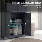 Grey bathroom storage cabinet with open louvered doors and stacked interior shelves.