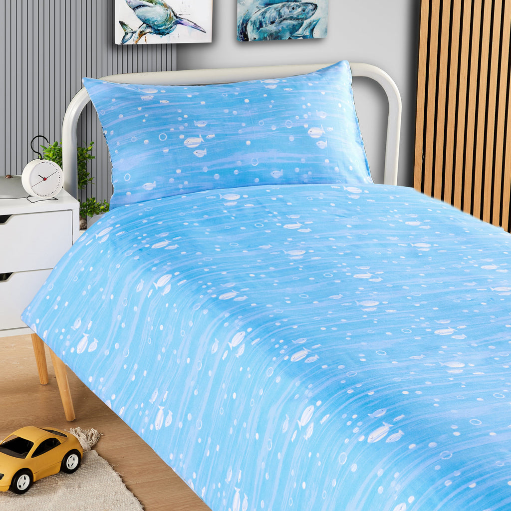 Underwater Sharks and Whales Kids Duvet Cover Set Reversible Soft Cotton Marine Life Bedding with Curtains for Boys and Girls