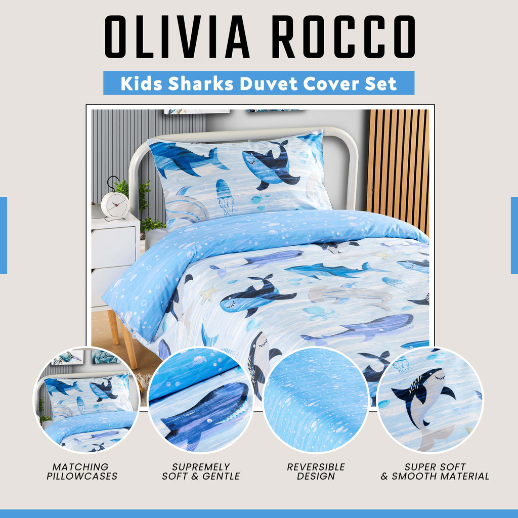 Underwater Sharks and Whales Kids Duvet Cover Set Reversible Soft Cotton Marine Life Bedding with Curtains for Boys and Girls