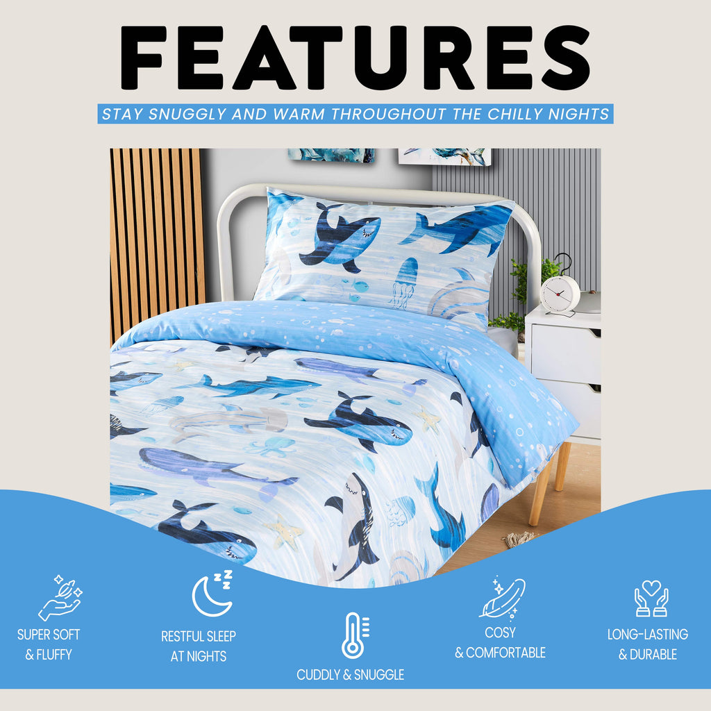 Underwater Sharks and Whales Kids Duvet Cover Set Reversible Soft Cotton Marine Life Bedding with Curtains for Boys and Girls