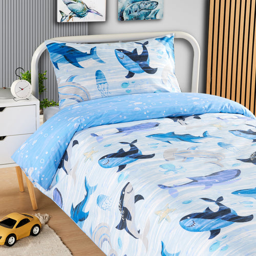 Underwater Sharks and Whales Kids Duvet Cover Set Reversible Soft Cotton Marine Life Bedding with Curtains for Boys and Girls