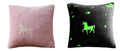 Kids unicorn fleece pillows: one pink, one dark with green unicorn and star print.