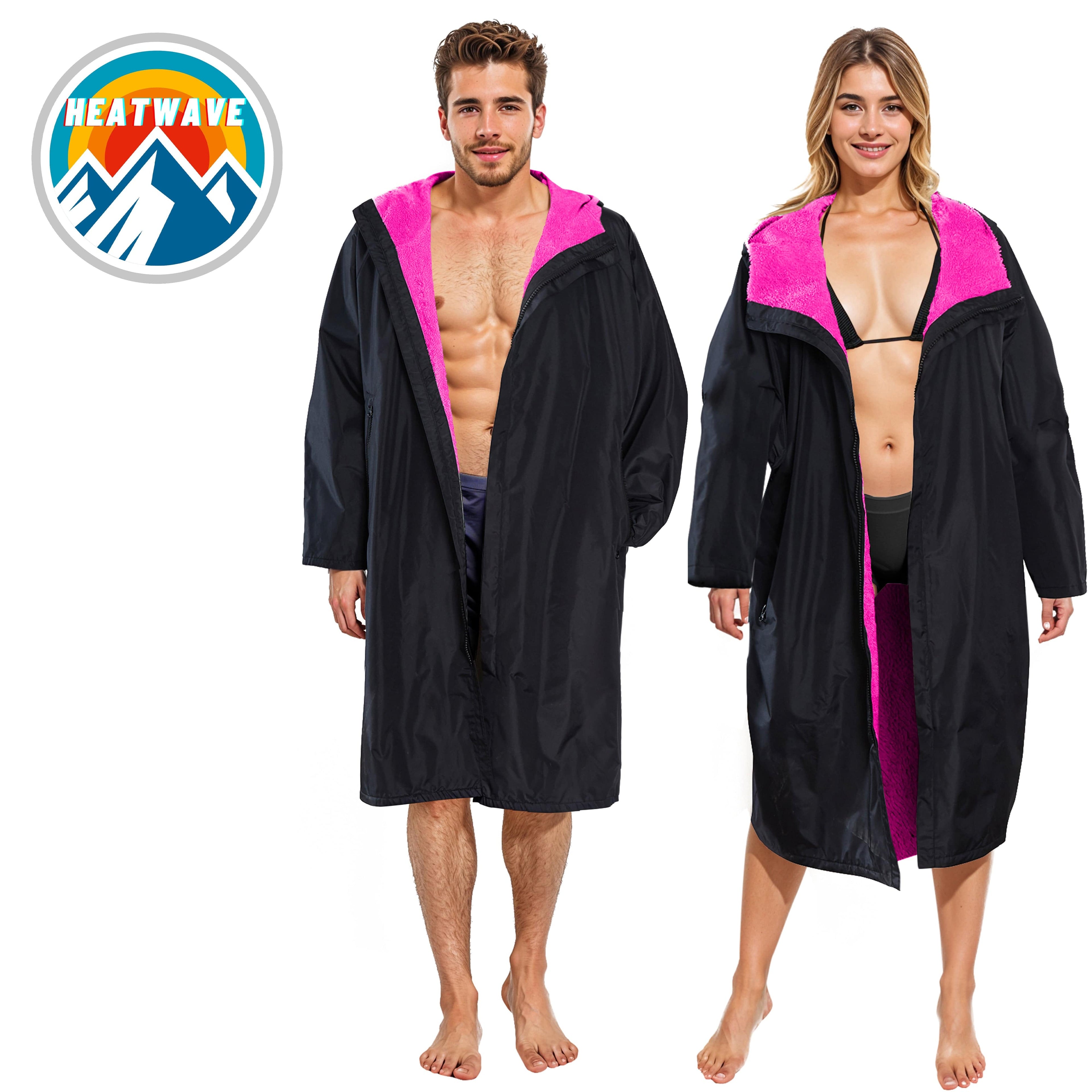 Unisex Adults Black/Pink Waterproof Windproof Changing Robe Hooded Outdoor Coat for Beach Swimming Surfing Warm Fleece Lining