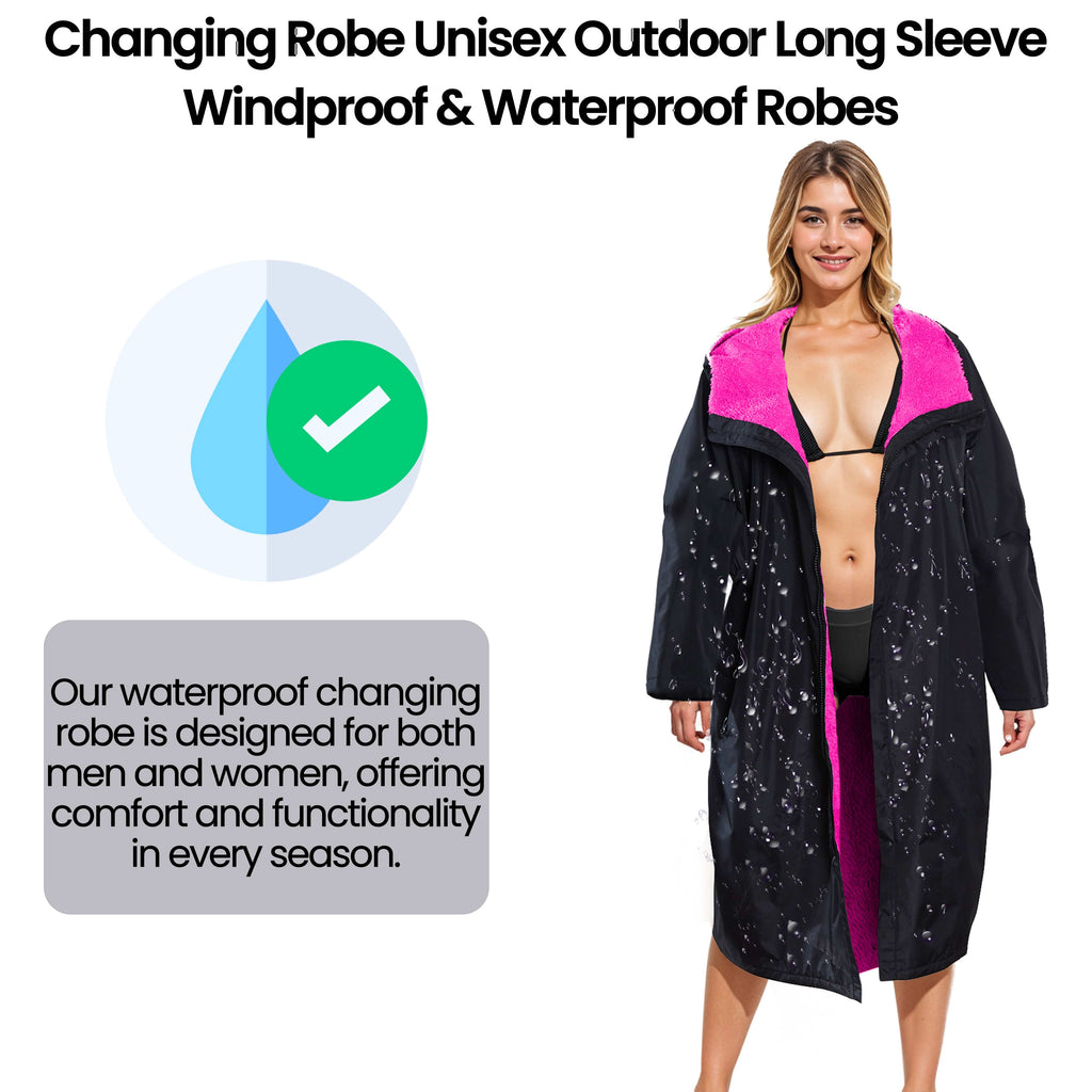 Unisex Adults Black/Pink Waterproof Windproof Changing Robe Hooded Outdoor Coat for Beach Swimming Surfing Warm Fleece Lining