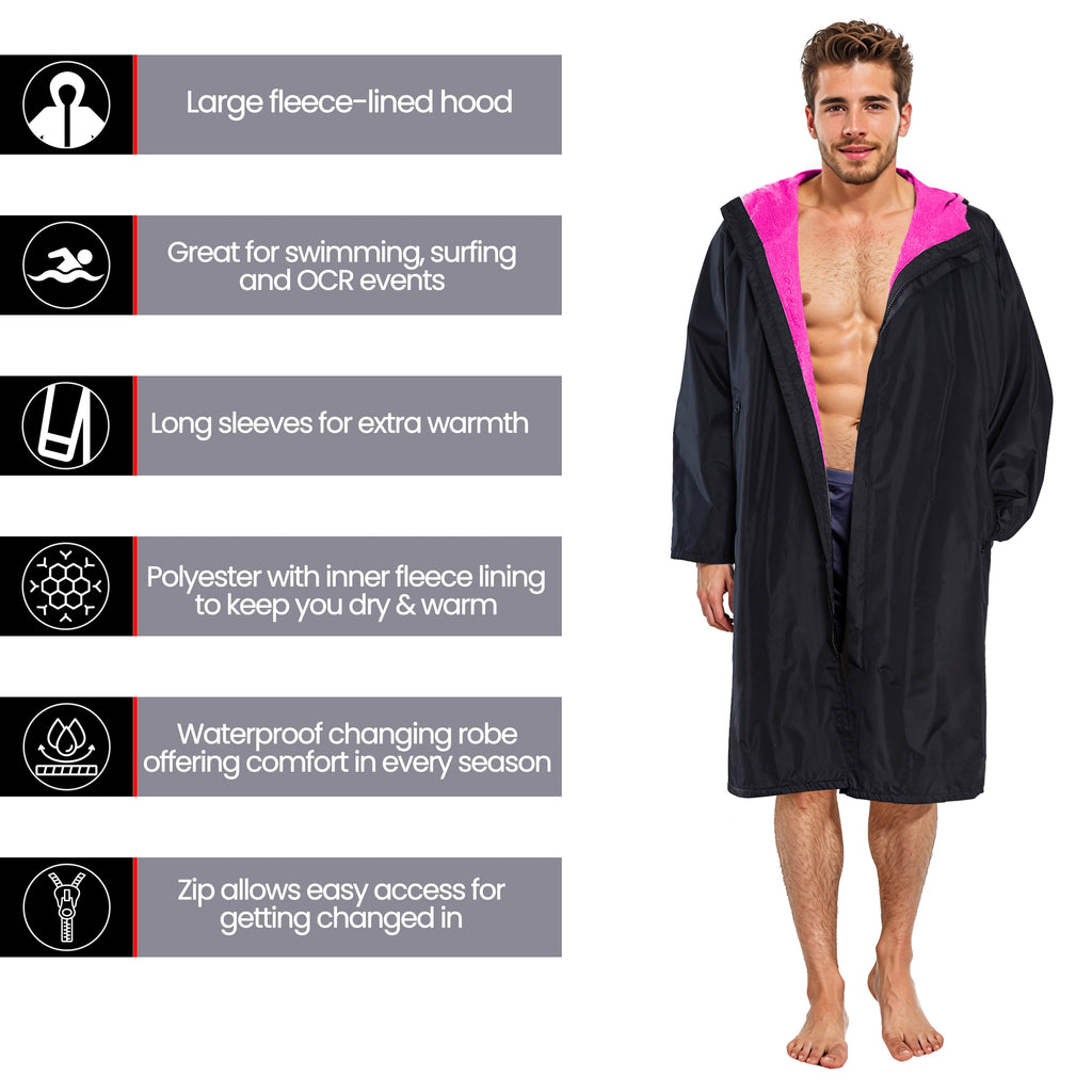 Unisex Adults Black/Pink Waterproof Windproof Changing Robe Hooded Outdoor Coat for Beach Swimming Surfing Warm Fleece Lining