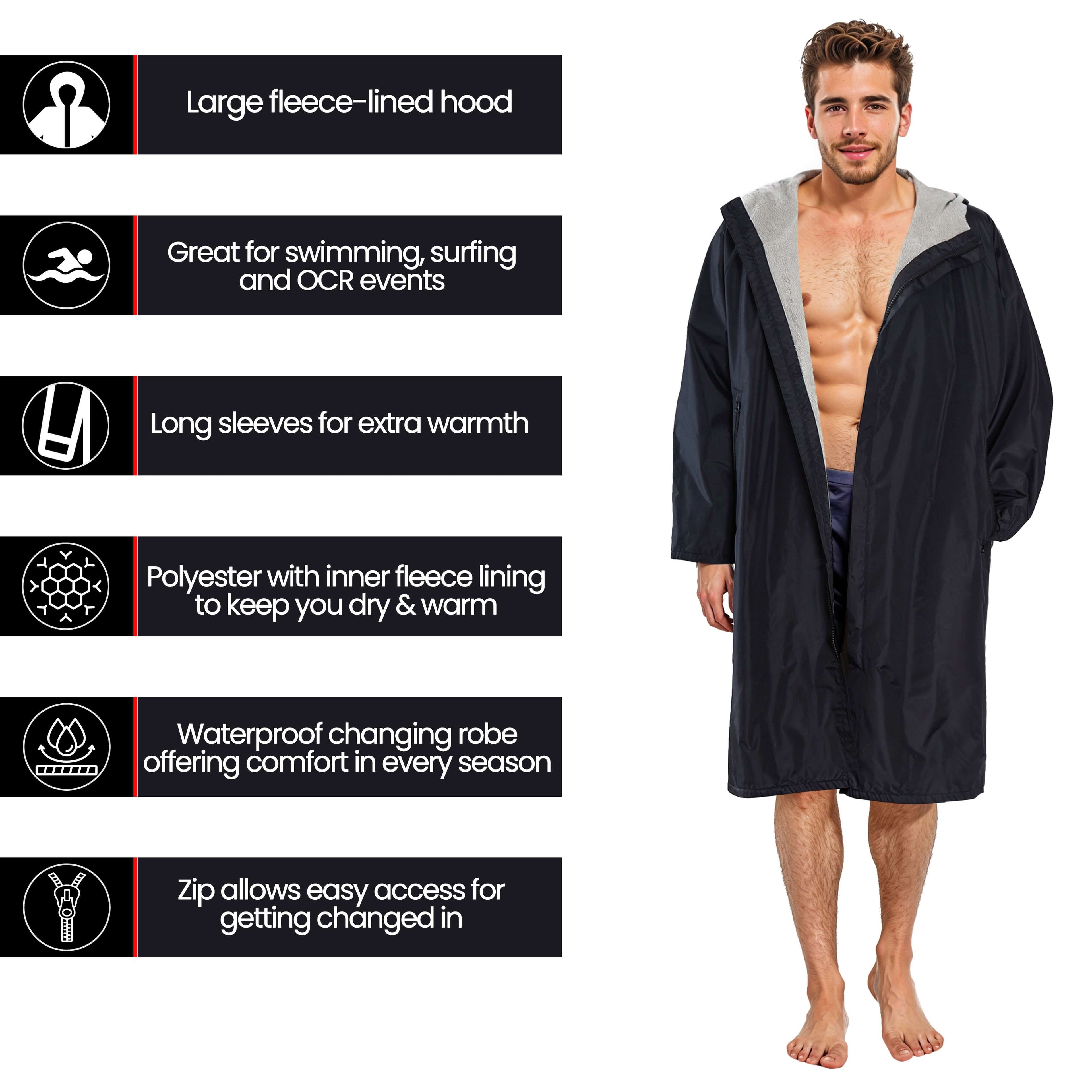 Unisex Adults Waterproof Windproof Changing Robe Hooded Outdoor Coat for Beach Swimming Surfing Warm Fleece Lining