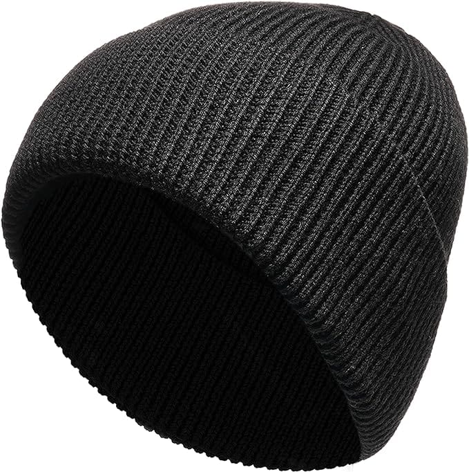 Unisex Wool Knit Beanie for Men and Women Warm Insulated Windproof Hat with Turn-Up Cuff Classic Black Grey Winter Cap for Outdoor Activities