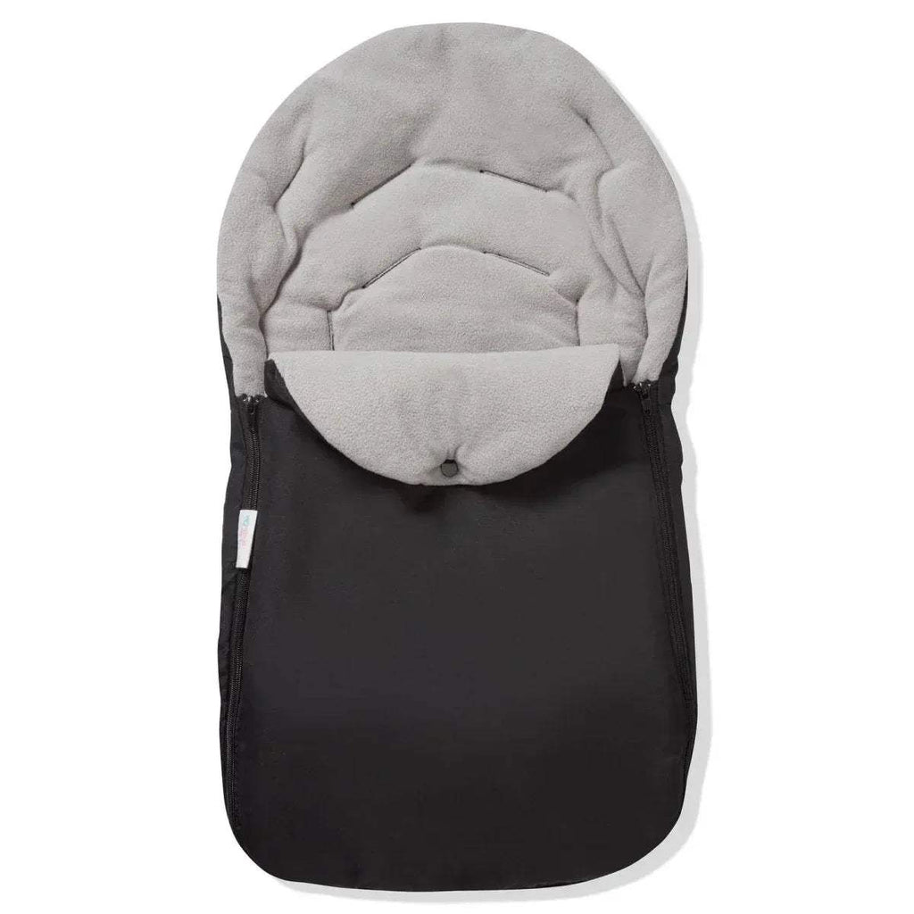 Universal car seat footmuff with light gray quilted top and black outer shell