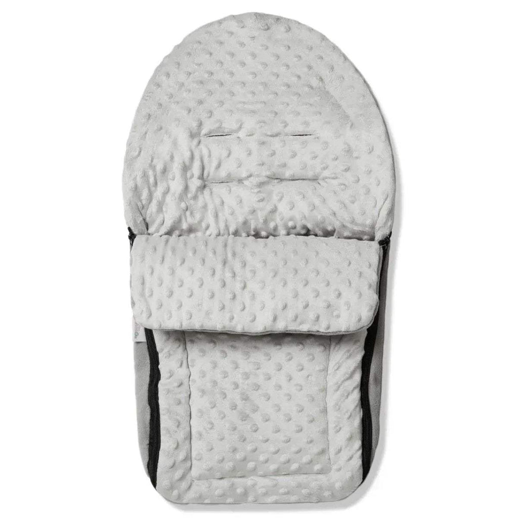 Universal car seat footmuff, light gray dimple fabric with harness opening and padded pouch.