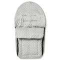 Universal car seat footmuff, light gray dimple fabric with harness opening and padded pouch.