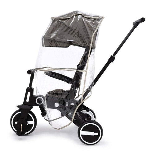Universal trike rain cover with clear sides and dark top panel on three-wheel stroller
