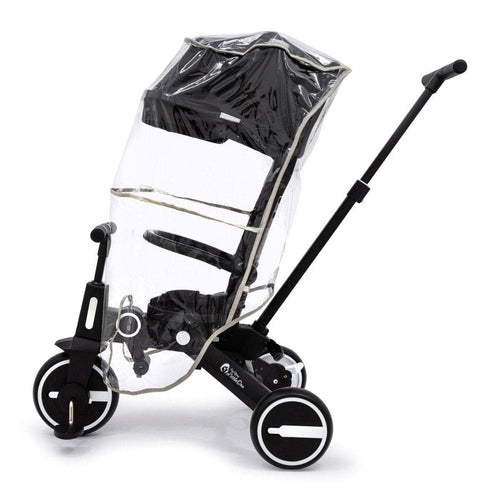Universal trike rain cover with clear sides and black top panel on three-wheel stroller