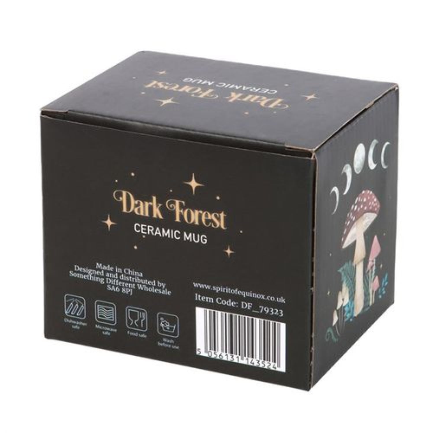 Dark Forest ceramic mug packaging box with branding and product details.