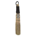 Hamsa hand broom charm with natural bristles, black wrap, and silver hand pendant