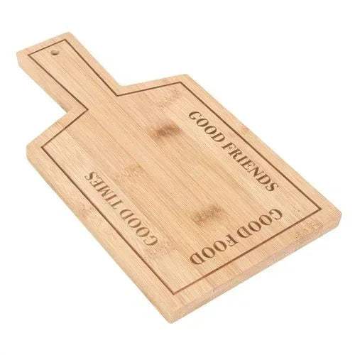 Bamboo serving board with angled view and engraved “Good Friends”