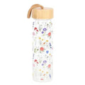 Glass water bottle with colorful wildflower print, bamboo lid and carry loop