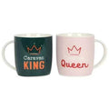 King and Queen mugs set: dark green King and pink Queen with crown logos