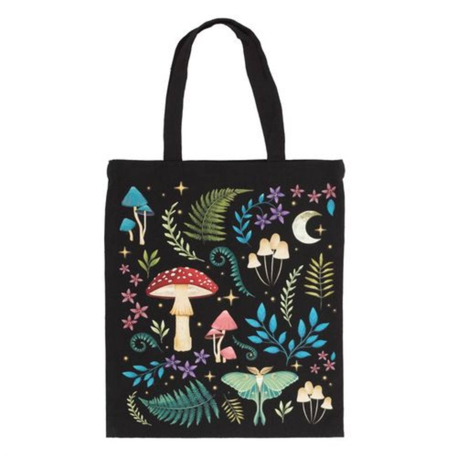 Black tote bag with colorful forest-themed design on a white background