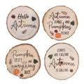 Set of 4 round wood slice coasters with autumn quotes and leaf accents