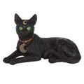 Laying black cat figurine with green eyes and crescent moon charm necklace