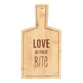 Bamboo serving board with LOVE AT FIRST BITE cutout text
