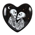 Heart-shaped trinket dish, glossy dark, skeleton couple and starry moon design