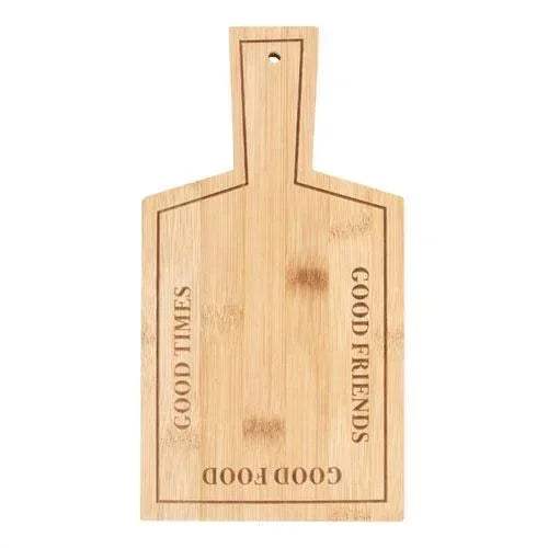 Bamboo serving board with handle hole and engraved “GOOD FRIENDS”
