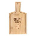 Bamboo serving board with 'CHOP IT LIKE IT'S HOT' text and hanging hole