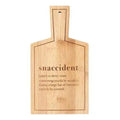 Bamboo serving board with cutout handle hole, engraved text on front