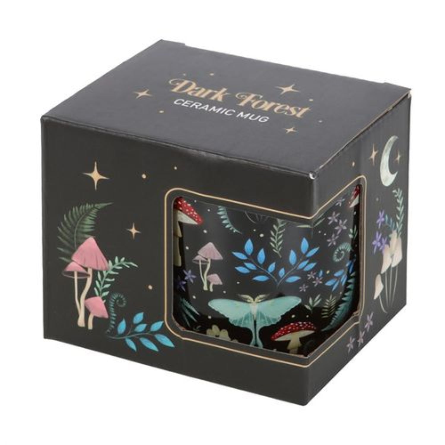 Ceramic mug in a 'Dark Forest' design packaging with mushrooms and plants.