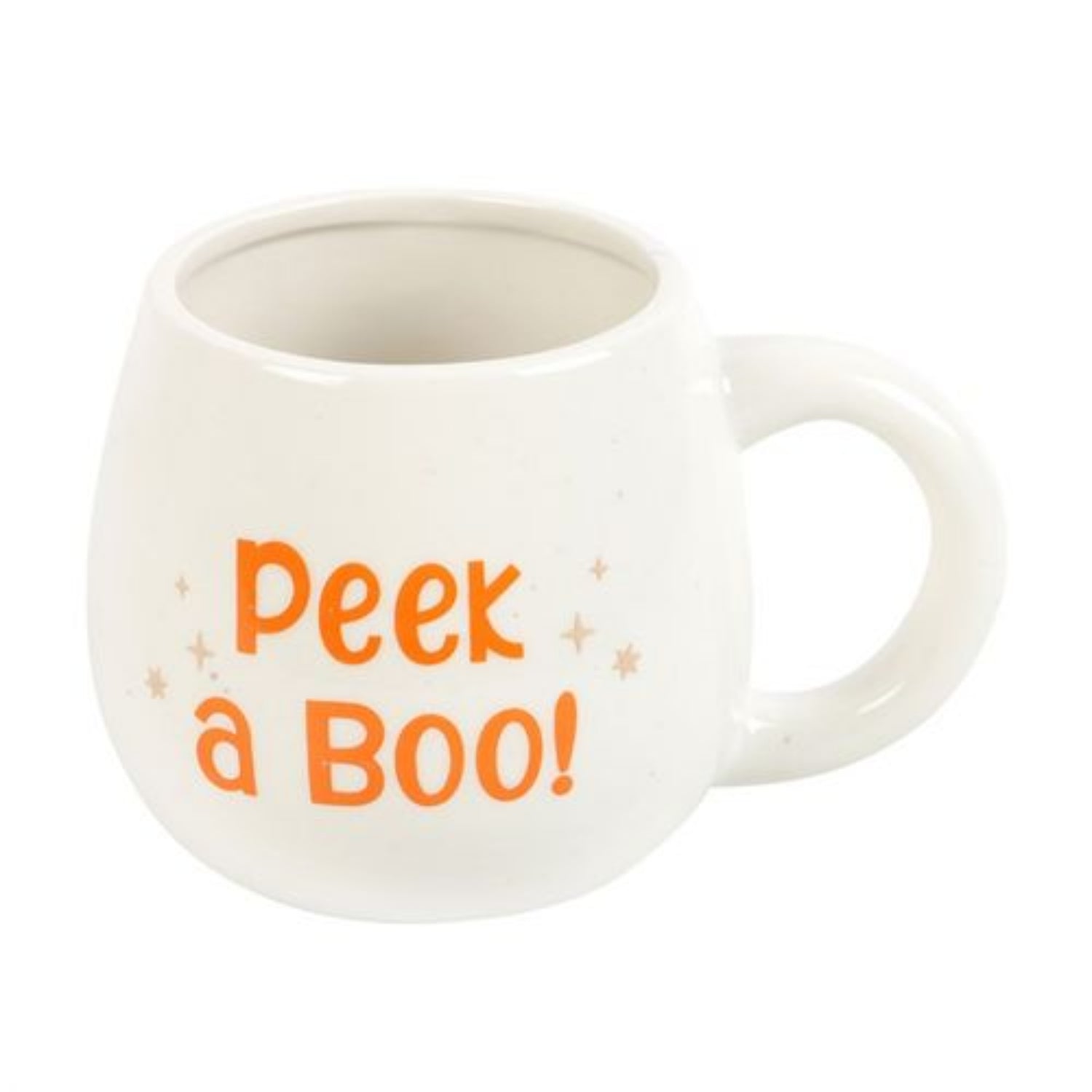 White mug with 'Peek a Boo!' text in orange on a white background